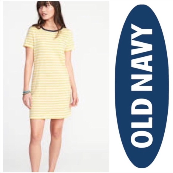 Old Navy Yellow Striped Cotton Dress Blue Trim - Picture 2 of 8